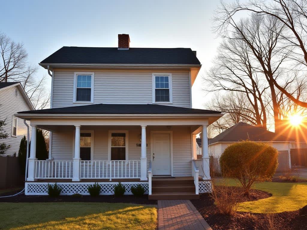 Rebuilt two-story house with new siding, roof and landscaping