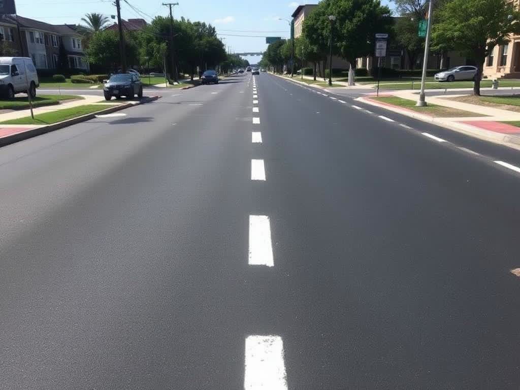 Freshly paved street with new lane markings after repair