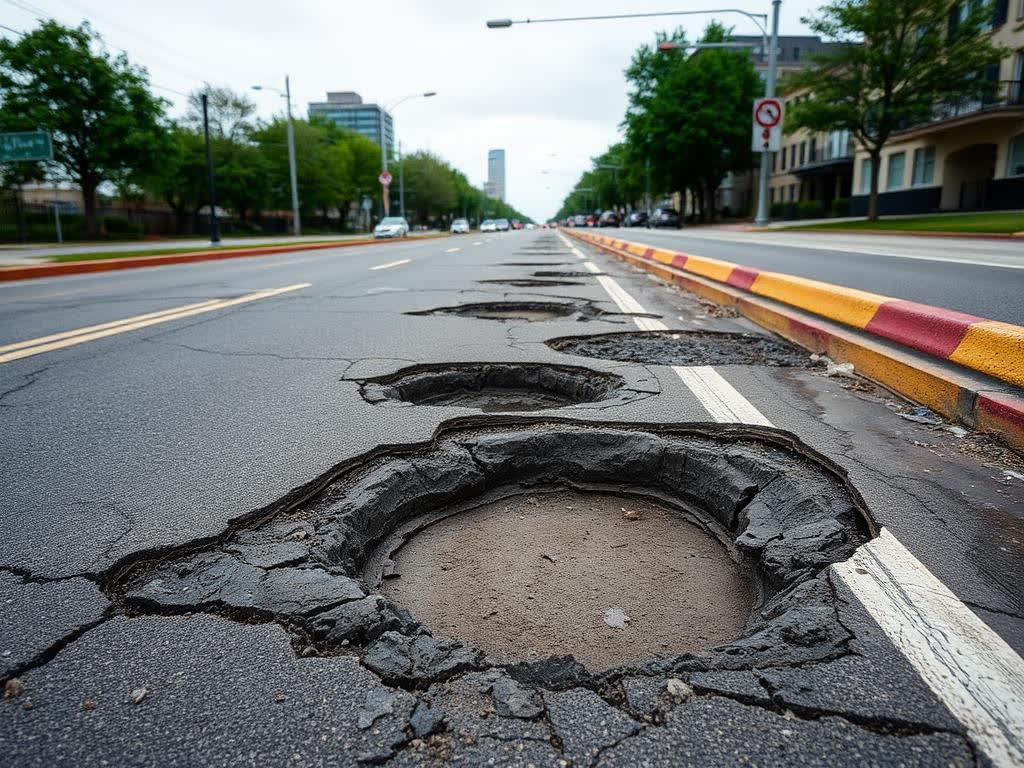 Cracked city street with deep potholes before repair