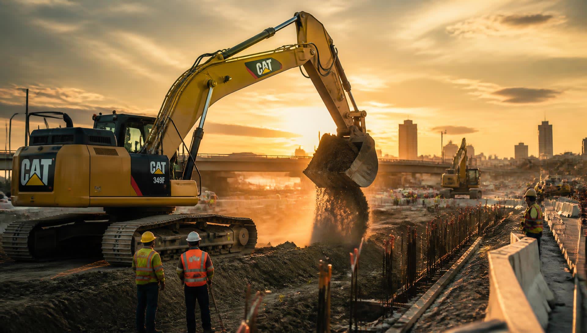 Heavy excavator working on a large construction site at sunset