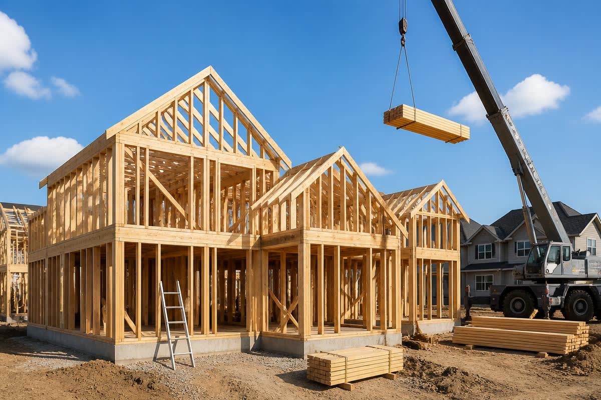 Wooden frame structure of a new house under construction