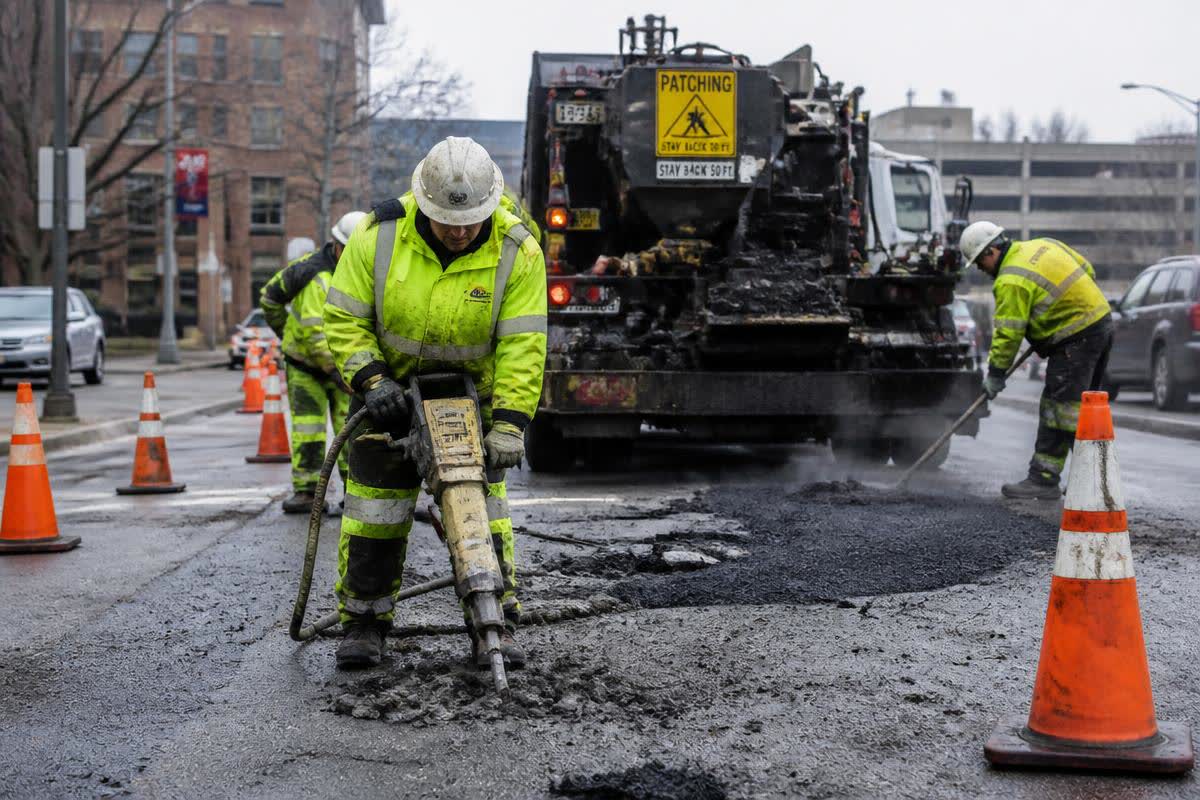 Crew repairing a pothole with jackhammers and asphalt patch truck